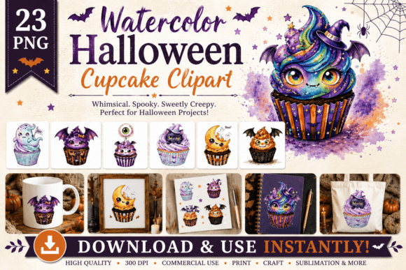 Download Watercolor Halloween Cupcake Clipart - Premium Resources